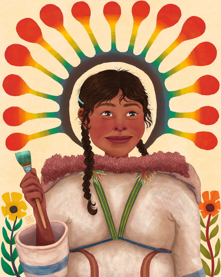 Digital illustration portrait of Kenojuak Ashevak in the style of First Nation artist Kenojuak Ashevak. Kenojuak is holding a paintbrush in her right hand.