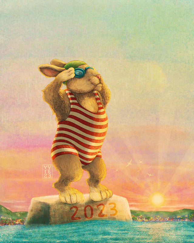 Rabbit is standing on a square block in the water, rabbit is wearing red and white striped bathing costume, green swimming cap and blue goggles. Rabbit is adjusting the goggles. 2023 is written on the white block. In the background the sun is rising over the hilly horizon, the sun’s reflection is dazzling across water.
